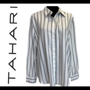 TAHARI white black pinstripe button-down long sleeve shirt size large